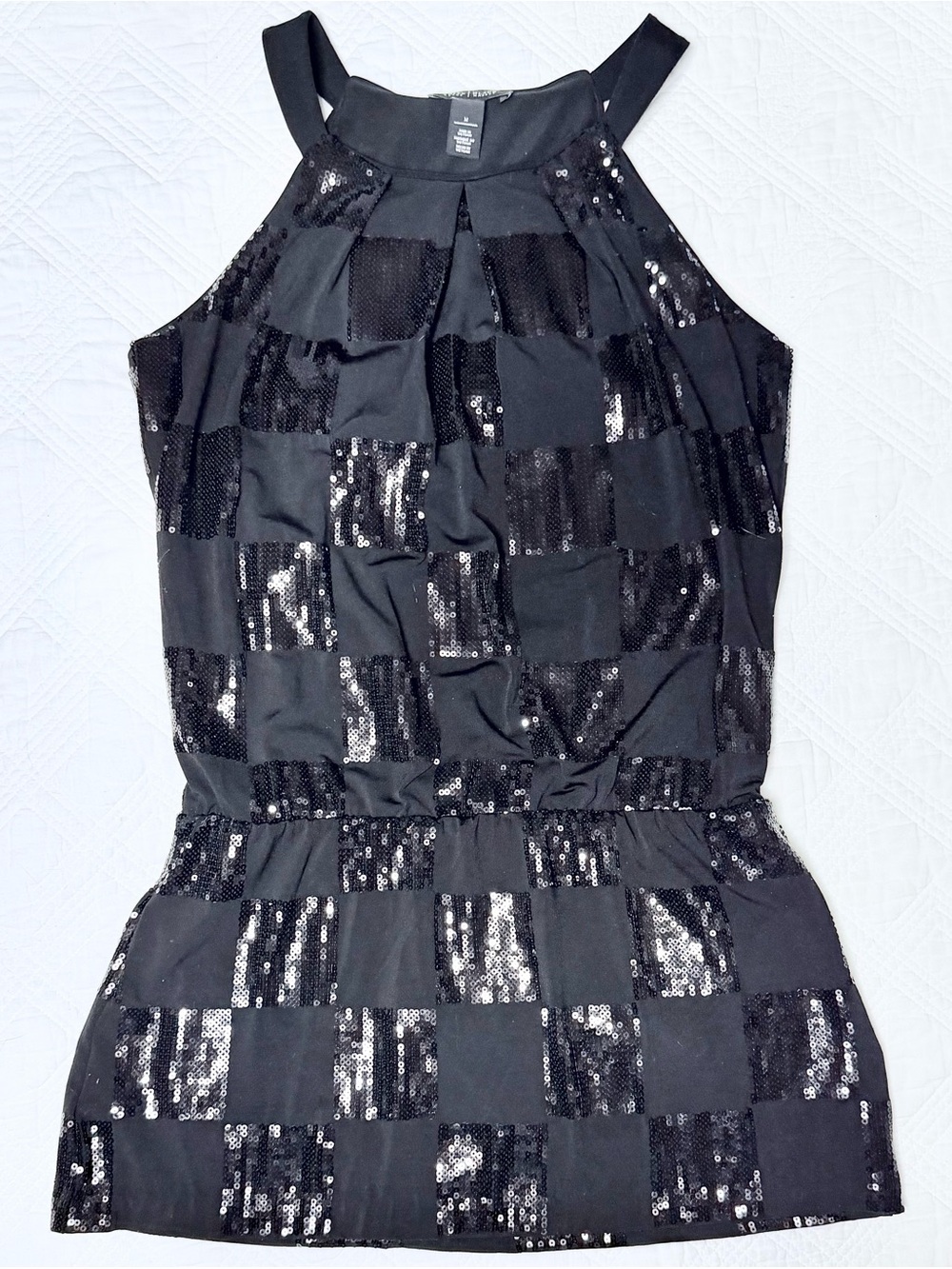 White House Black Market Black Sequin Check Halter Tunic Mini Dress Size Medium